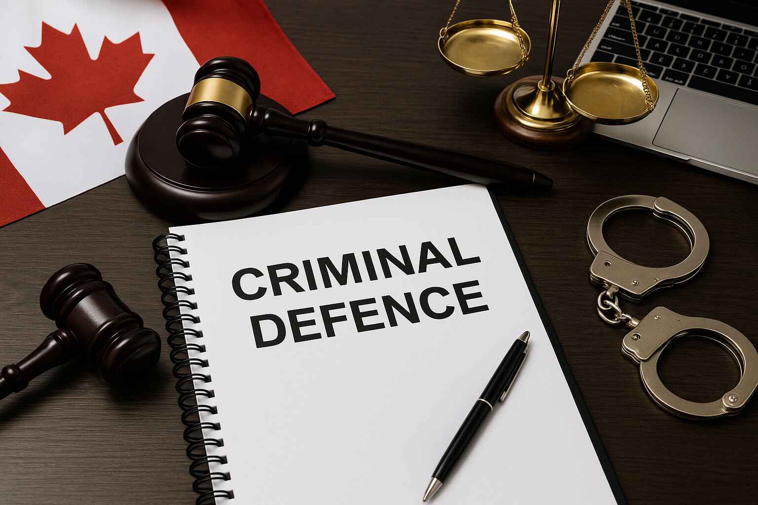 Legal desk with handcuffs, judge’s gavel, Canadian passport, and scales of justice representing criminal defence services in Ontario.