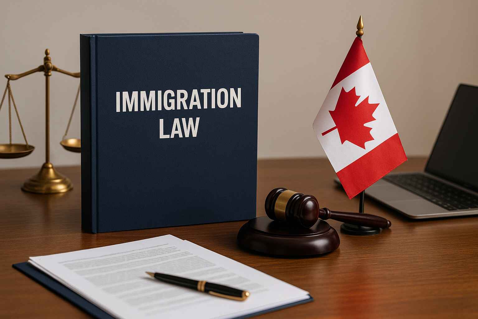 Blue Immigration Law binder on a legal desk with Canadian flag, gavel, scales of justice, documents, and laptop symbolizing Canadian immigration legal services.