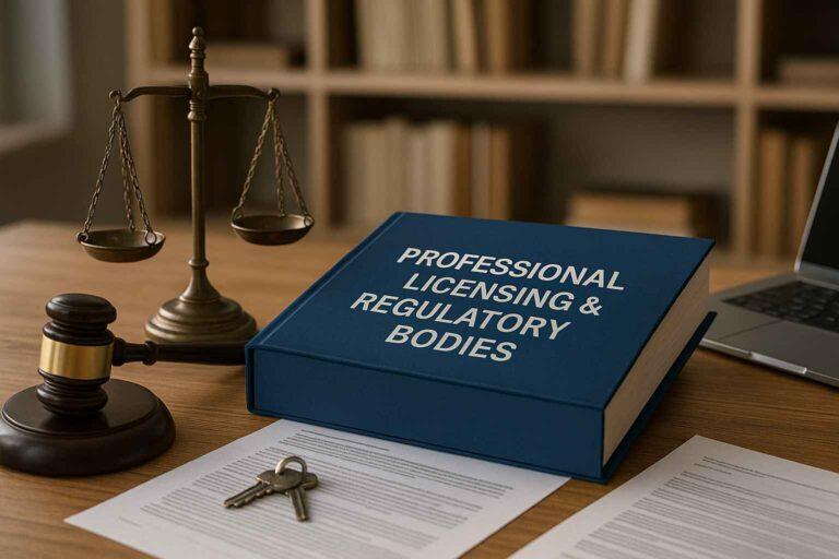 Legal office desk with a binder titled Professional Licensing & Regulatory Bodies, scales of justice, gavel, documents, and laptop representing regulatory defence services.
